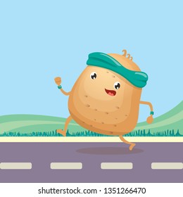 Cartoon funky potato character running or jogging outdoor. Cute sporty vegetable character making cardio sport exercise. Fitness cardio concept