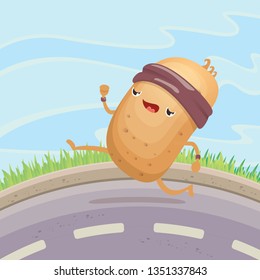 Cartoon funky potato character running or jogging outdoor. Cute sporty vegetable character making cardio sport exercise. Fitness cardio concept