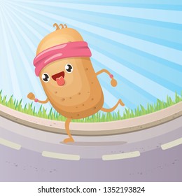 Cartoon funky potato character running or jogging outdoor. Cute sporty vegetable character making cardio sport exercise. Fitness cardio concept