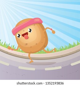 Cartoon funky potato character running or jogging outdoor. Cute sporty vegetable character making cardio sport exercise. Fitness cardio concept