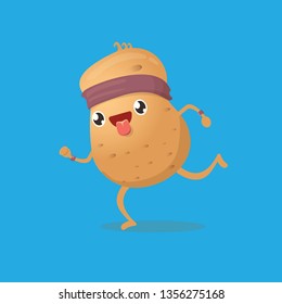 Cartoon funky potato character running or jogging isolated on blue background. Cute sporty vegetable character making cardio sport exercise. Fitness cardio concep