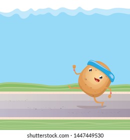 Cartoon funky potato character running or jogging outdoor. Cute sporty vegetable character making cardio sport exercise. Fitness cardio concept