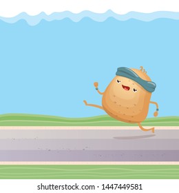 Cartoon funky potato character running or jogging outdoor. Cute sporty vegetable character making cardio sport exercise. Fitness cardio concept