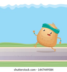Cartoon funky potato character running or jogging outdoor. Cute sporty vegetable character making cardio sport exercise. Fitness cardio concept