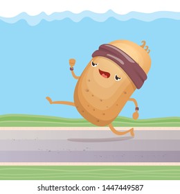 Cartoon funky potato character running or jogging outdoor. Cute sporty vegetable character making cardio sport exercise. Fitness cardio concept
