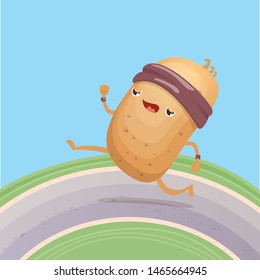 Cartoon funky potato character running or jogging outdoor. Cute sporty vegetable character making cardio sport exercise. Fitness cardio concept