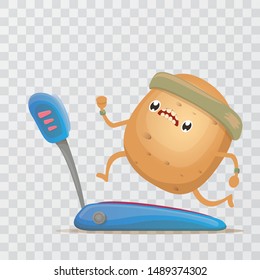 Cartoon funky potato character running or jogging on treadmill isolated on transparent background. Cute sporty vegetable character making cardio sport exercise. Fitness cardio concept 