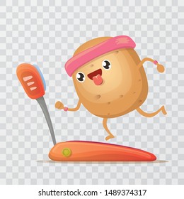 Cartoon funky potato character running or jogging on treadmill isolated on transparent background. Cute sporty vegetable character making cardio sport exercise. Fitness cardio concept 
