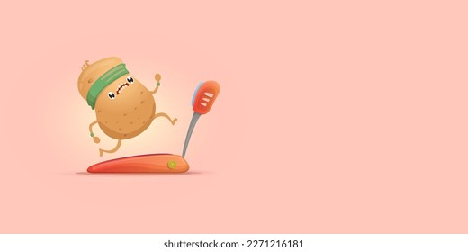 Cartoon funky potato character running or jogging isolated on pink horizontal banner background. Cute sporty vegetable character making cardio sport exercise. Fitness cardio concept