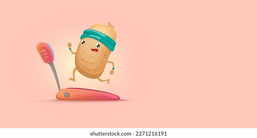 Cartoon funky potato character running or jogging isolated on pink horizontal banner background. Cute sporty vegetable character making cardio sport exercise. Fitness cardio concept