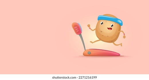 Cartoon funky potato character running or jogging isolated on pink horizontal banner background. Cute sporty vegetable character making cardio sport exercise. Fitness cardio concept