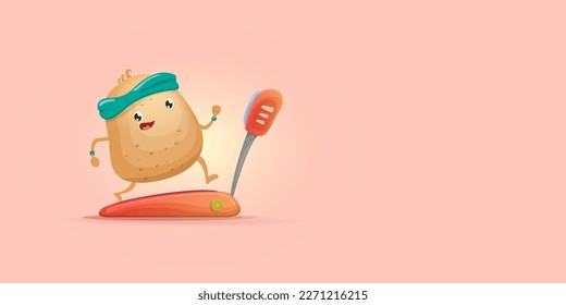 Cartoon funky potato character running or jogging isolated on pink horizontal banner background. Cute sporty vegetable character making cardio sport exercise. Fitness cardio concept