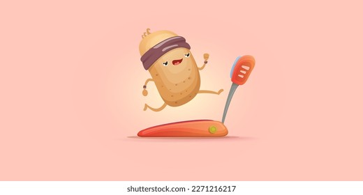 Cartoon funky potato character running or jogging isolated on pink horizontal banner background. Cute sporty vegetable character making cardio sport exercise. Fitness cardio concept