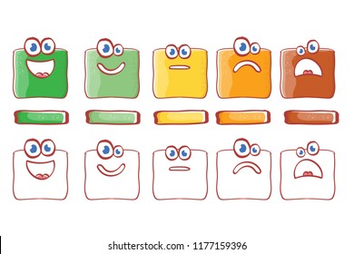 Cartoon and funky rating satisfaction characters with emotions Excellent, good, normal, bad and awful. Feedback form, rank level vector concept
