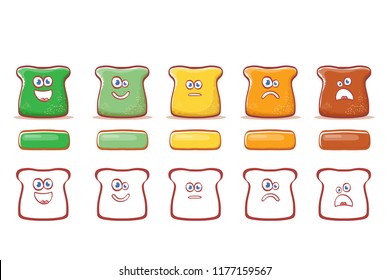 Cartoon and funky rating satisfaction characters with emotions Excellent, good, normal, bad and awful. Feedback form, rank level vector concept
