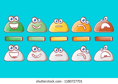 Cartoon and funky rating satisfaction characters with emotions Excellent, good, normal, bad and awful. Feedback form, rank level vector concept