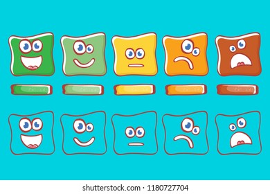 Cartoon and funky rating satisfaction characters with emotions Excellent, good, normal, bad and awful. Feedback form, rank level vector concept