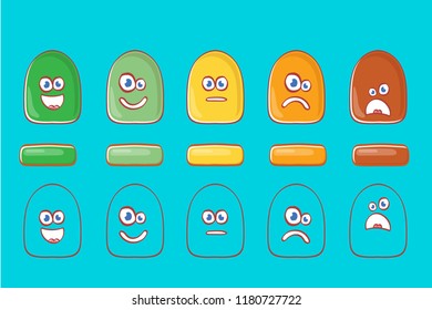 Cartoon and funky rating satisfaction characters with emotions Excellent, good, normal, bad and awful. Feedback form, rank level vector concept