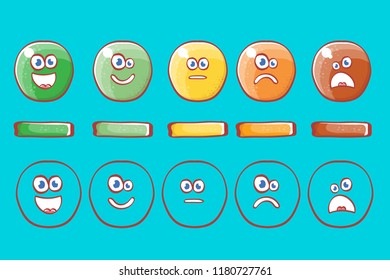 Cartoon and funky rating satisfaction characters with emotions Excellent, good, normal, bad and awful. Feedback form, rank level vector concept
