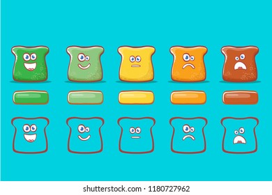 Cartoon and funky rating satisfaction characters with emotions Excellent, good, normal, bad and awful. Feedback form, rank level vector concept