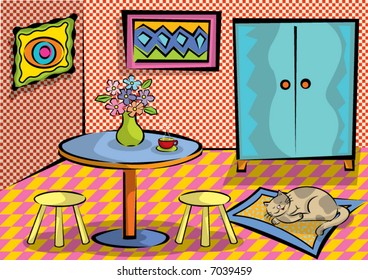 cartoon funky room with cat (vector)