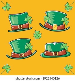 cArtoon funky saint patriks hat set isolated on orange background. st. patriks day sticker with green icon collection. Patrick hat 