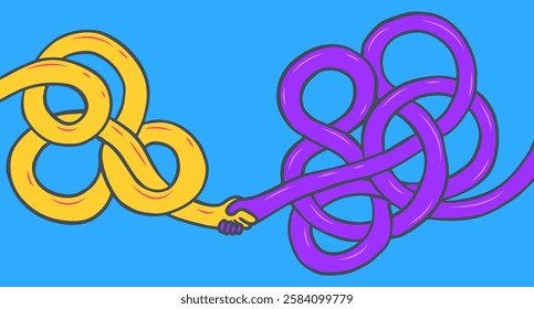Cartoon funky twisted long handshake in groovy flat style. Abstract art composition for communication. Vector illustration.