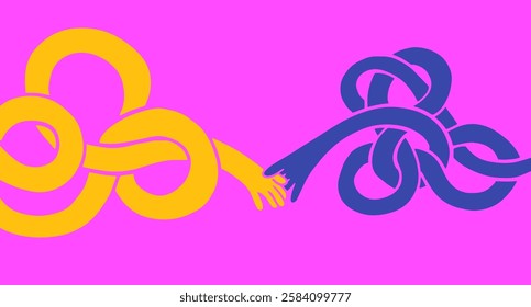 Cartoon funky twisted long two hands in groovy flat style. Abstract art composition for communication. Vector illustration.