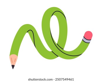Cartoon funky twisted pencil. Comic twisted pencil, curved intertwined pencil, cute school supply flat vector illustration. Funny simple pencil on white