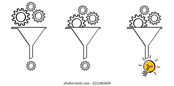 Cartoon Funnel Withe Brain Electric Lamp Idea And Cogwheels Chaos. Lightbulb, Cog Symbol Or Logo. Funnels Symbol. Think, Chaos To Brilliant Ideas. Light Bulb And Gear Mechanism Settings Tools.