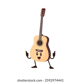 Cartoon funny acoustic guitar musical string instrument character. Isolated vector personage with smiling face showing thumbs up. Educational music classes for kids, festival, musician equipment store