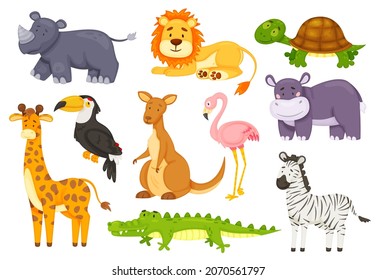 Cartoon funny african animals, wild safari animal. Cute zebra, rhino, flamingo, giraffe, crocodile, kangaroo, lion, jungle wildlife vector set. Cute exotic fauna, zoo characters isolated on white