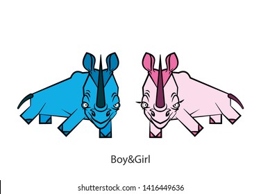 Cartoon funny african character. Funny cute little rhinos. Kids make faces and make eyes. The girl and boys run with them. Vector. Conceptual. Let's play? Come on!