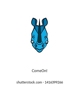 Cartoon funny african character. The head of a funny cute rhino. The kid rhino grimaces and makes eyes. Calling us to run. Vector. Conceptual. Let's play, Come on!