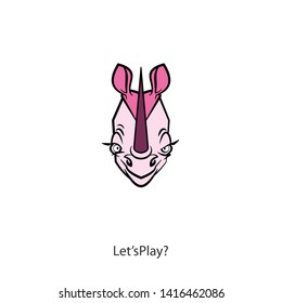 Cartoon funny african character. The head of a funny cute rhino. The kid rhino grimaces and makes eyes. Calling us to run. Vector. Conceptual. Let's play? Come on!