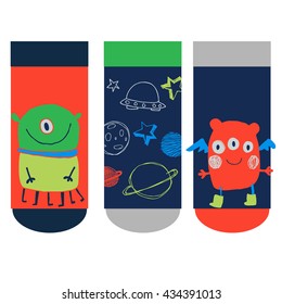 cartoon funny aliens flying into deep space in small spaceships. Boys socks design. Set of socks pattern. illustrations isolate Boys sock with colored pattern