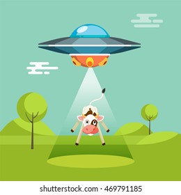 Cartoon funny aliens spaceship abducts the cow, colorful flat vector illustration
