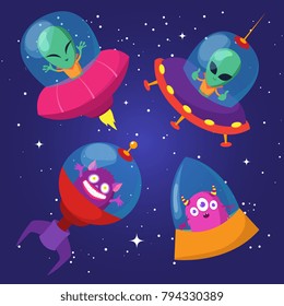 Cartoon funny aliens with ufo in duck starry sky vector set. Alien ufo spaceship in universe illustration