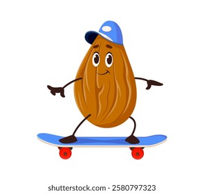 Cartoon funny almond nut character riding a skateboard with a cheerful expression. Isolated vector whimsical food personage wearing a blue cap, engaged in active lifestyle, conveys energy and fun