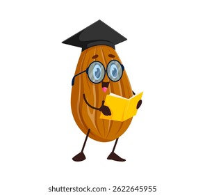 Cartoon funny almond nut character in graduation cap and reading book, vector personage. Almond nut student or school teacher in glasses with book for college mascot and nuts emoji character