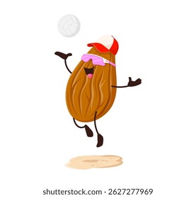 Cartoon funny almond nut character playing volleyball ball, vector comic emoji. Almond nut character with happy face play volleyball sport on summer beach or holiday vacations in sunglasses and hat