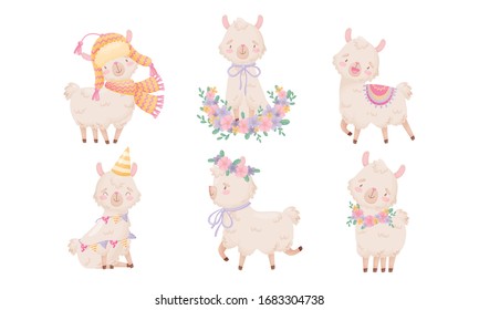 Cartoon Funny Alpaca or Lama Character Wearing Warm Hat and Running with Floral Wreath on Its Head Vector Set