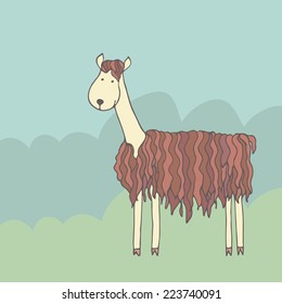 Cartoon funny alpaca on a green meadow