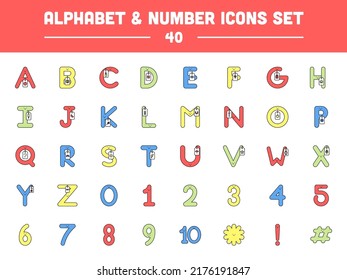 Cartoon Funny Alphabet With Words Tag And Numeric Letter Character Set.