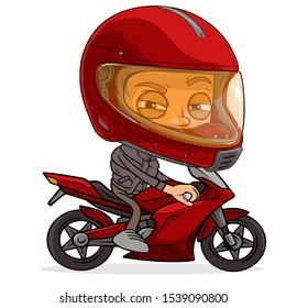 Cartoon funny angry cool biker boy character riding on red modern motorcycle with protective helmet. Layered vector for animations. Isolated on white background. Vector icon.
