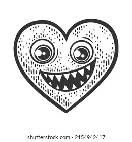 cartoon funny angry heart with smile sketch engraving vector illustration. T-shirt apparel print design. Scratch board imitation. Black and white hand drawn image.