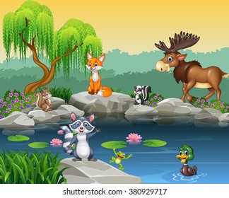 Cartoon funny animal collection on the beautiful nature background