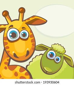 Cartoon funny animal - giraffe and sheep looking with surprise.
