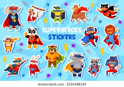 Cartoon funny animal superhero characters stickers pack. Cute pet animal heroes vector personages in superhero masks and capes. Strong bear, cat, elephant and rhino, panda, lion and tiger stickers