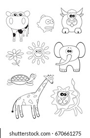 Cartoon funny animals coloring book for children. Vector print ready A4 page